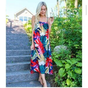 Tropical Leaf Print Linen Blend Summer Dress Adjustable Strap Multicolor Med